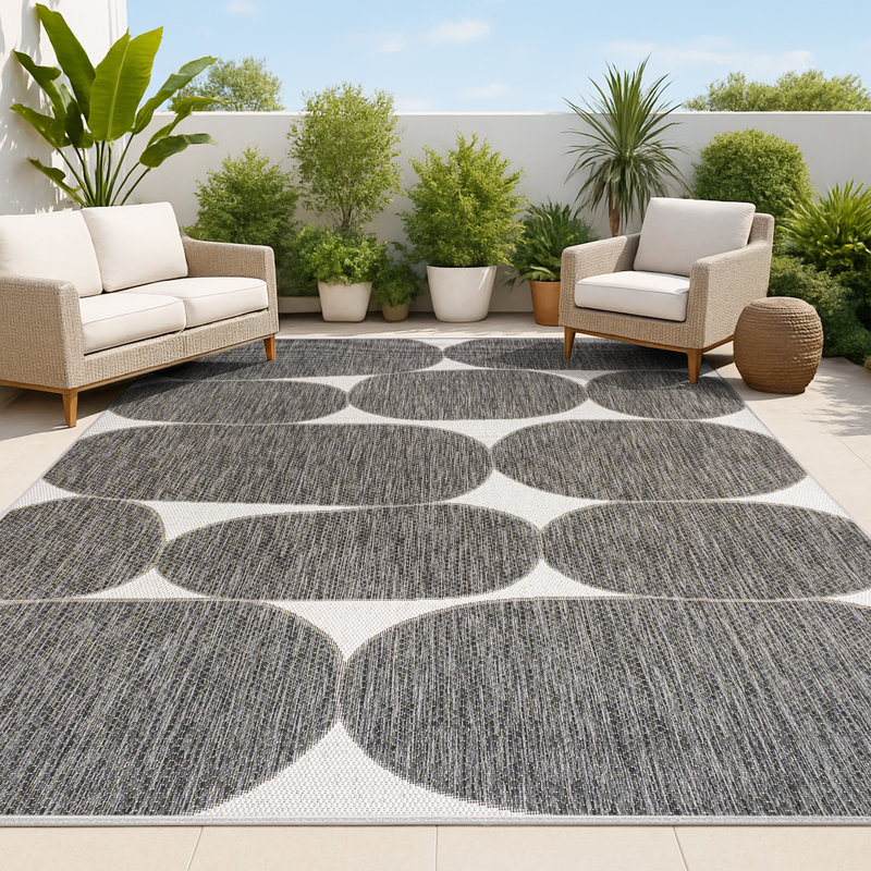 Oliver Modern Geometric Organic Shapes Black/Cream Indoor/Outdoor Rug, Rectangle 7'10" x 10'
