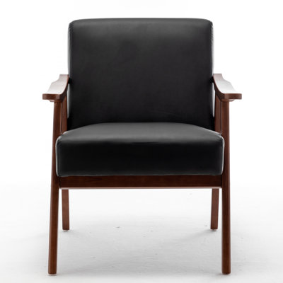 Chaise Mid-Century moderne avec structure en bois massif, cuir PU, noir, pour espaces de vie, chaise facile à assembler, bois, pièce, chambre à coucher, décoration de salle de lecture