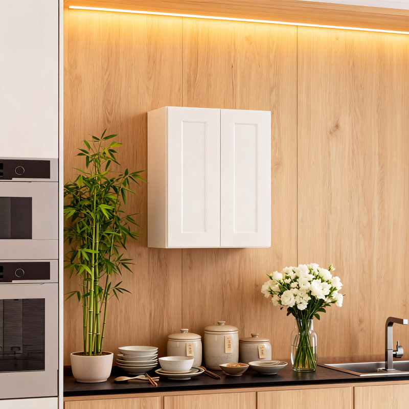 Armoire murale en bois massif, fini blanc mat laqué à la main, portes doubles à fermeture amortie, étagères réglables, meuble de rangement mural en kit pour cuisine, salle de bain, buanderie ou garage.