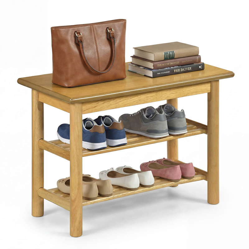 Shoe Rack Bench,3-Tier Rubberwood Freestanding Shoe Changing Bench with Slat Shelves