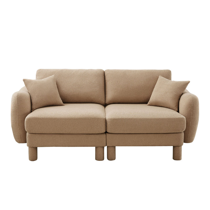 Boucle Fabric 2-seater Loveseat Sofa Couch with Distinctive Shell-shaped Armrests, Cylindrical Legs Wrapped with Self-fabric, Coffee Color