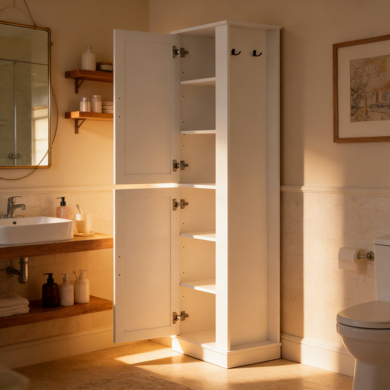 Grande armoire de rangement pour salle de bain, armoire de rangement sur pied avec crochet et tablette réglable