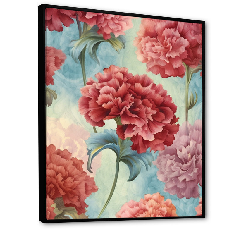 Harmonie des œillets rouges sur toile, H 44 po x l 34 po x P 1,5 po, Cadre flottant noir