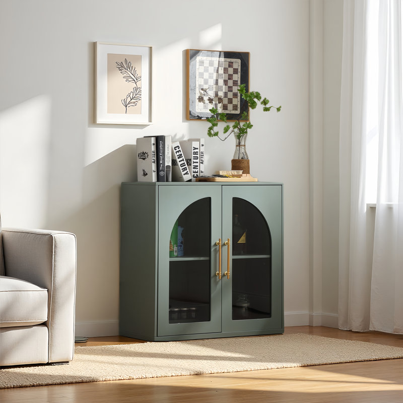 Modern Natural Buffet Sideboard, 31.5" Wide With 2 Arched Glass Doors & 2 Adjustable Shelves, Storage Cabinet For Living Room, Kitchen & Dining Room(dark Green)