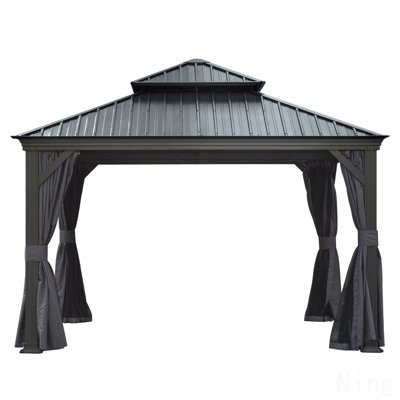 12X12FT Gazebo Metal, Mosquito Net For Outdoor Use With Galvanized Steel Double Roof & Drainage System (Grey)
