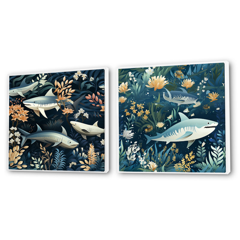 Bleu et blanc Shark Shadows - ensemble de 2 carrés de requins animaux, Cadre flottant blanc, H 36 po x l 73 po