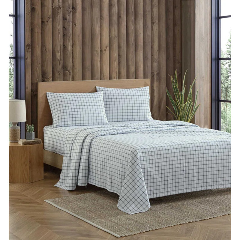 Shasta Lake Cotton Percale Standard Sheet Set, Queen Sheet Set with 2 Pillowcases, Classic Tattersall Plaid Green