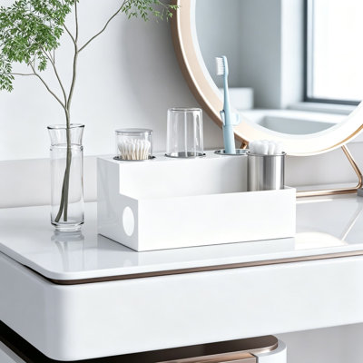 Organisateur pour outils à cheveux en acrylique blanc avec tasses isolées en acier inoxydable, porte-séchoir de comptoir pour meuble-lavabo, support de rangement pour outils de coiffage, maquillage et articles de toilette