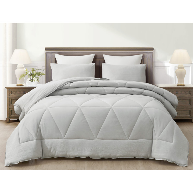 Washed Microfiber Bedding Polyester Comforter, King Comforter + 2 King Shams, Light Gray
