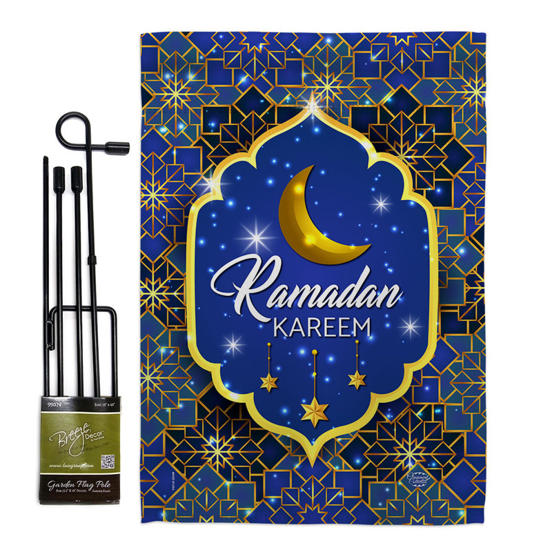 Two sides of a blue Ramadan garden flag on a black flag pole