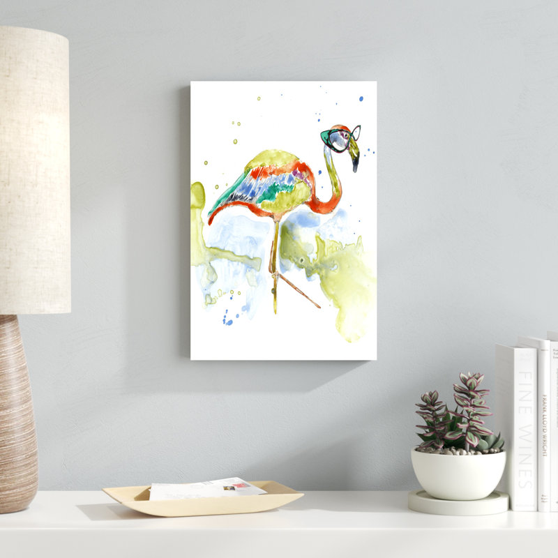«Smarty-Pants Flamingo», peinture sur toile, H 18 po x l 12 po