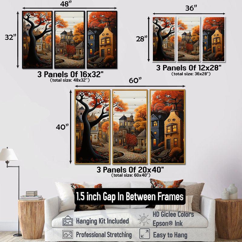 Cozy village in Autumn Moonlit III - Art mural art déco urbain, H 28 po x l 36 po x P 1 po, Cadre flottant blanc