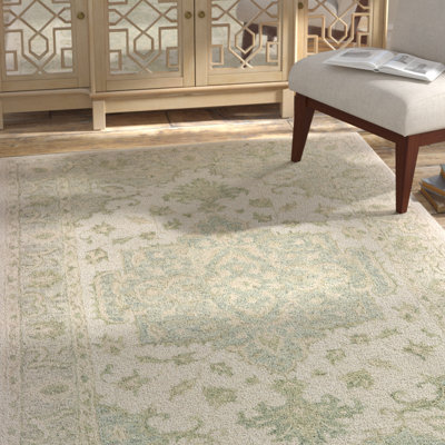 Alosio Vintage Medallion Handmade Natural Wool Area Rug, Sea Green