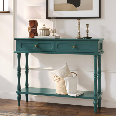 Mid-Century Console Table with 2 Drawers & Open Shelf，Solid Wood Legs Sofa Table (Minimal Assembly Needed)
