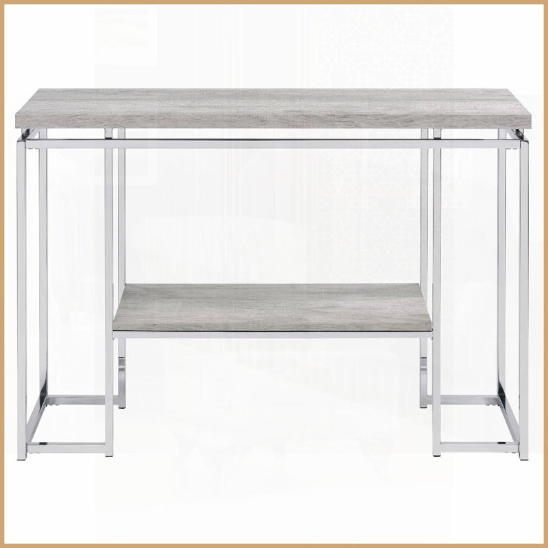 Table basse industrielle chic en chêne naturel avec base chromée, rangement ouvert pour le salon