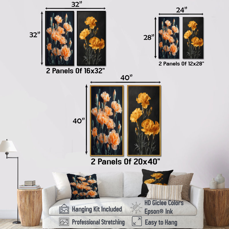 Monochromes jaunes et noirs, œillets, photo I, œillets, art mural, ensemble de 2 pièces, H 28 po x l 24 po