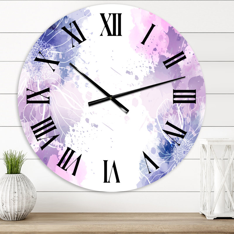 Horloge murale moderne mauve et rose avec éclaboussures colorées I, Petit