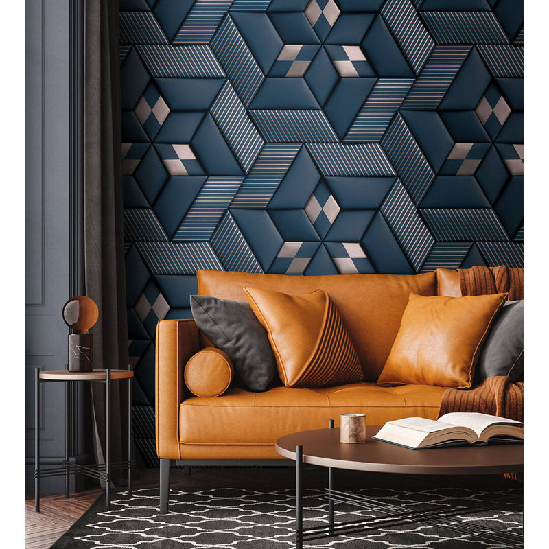 Papier peint géométrique Marciella, Bleu / Argent