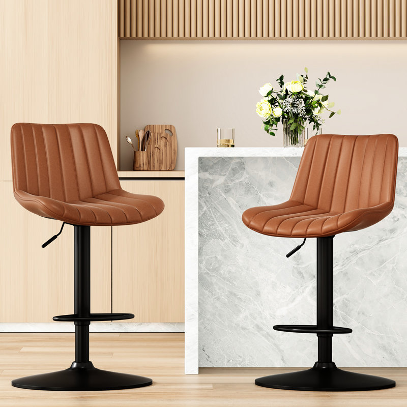 De 2 tabourets de bar pivotants réglables en cuir brun, hauteur avec îlot de cuisine, 2 tabourets de style moderne, design élégant et confortable