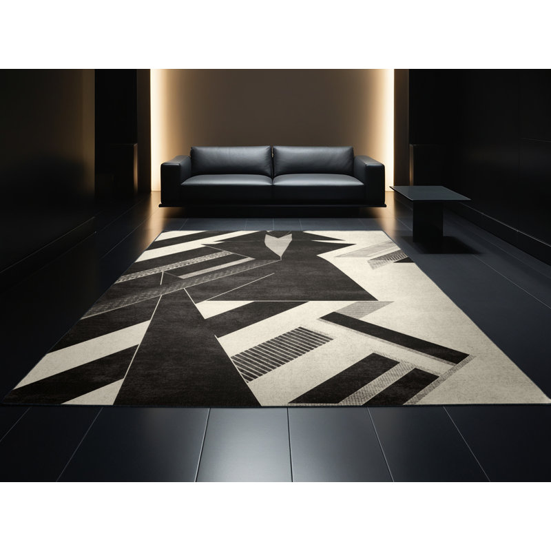 Tapis géométrique rétro noir lavable à la machine Brooksville, 2 x 5