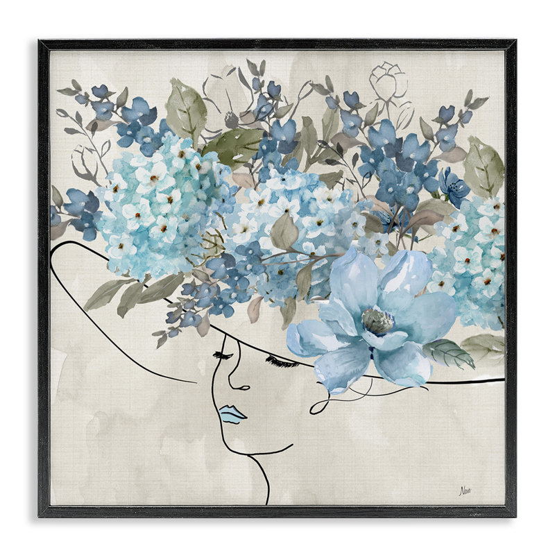 «Blue Floral Hat», estampe numérique de Nan, H 12 po x l 12 po, Giclée encadrée noir minuit