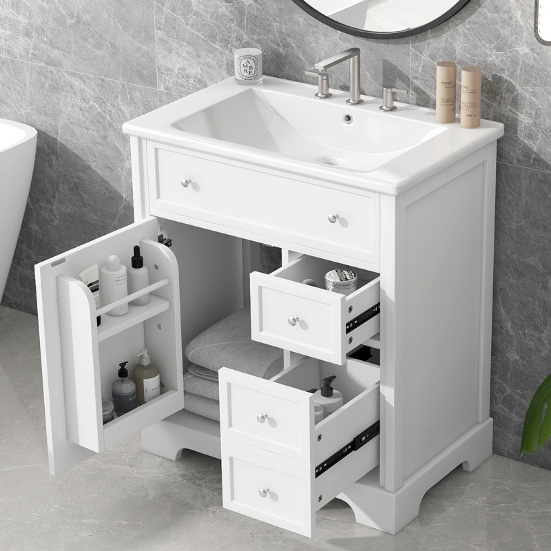 Meuble-lavabo simple 30 po avec comptoir en céramique, Blanc