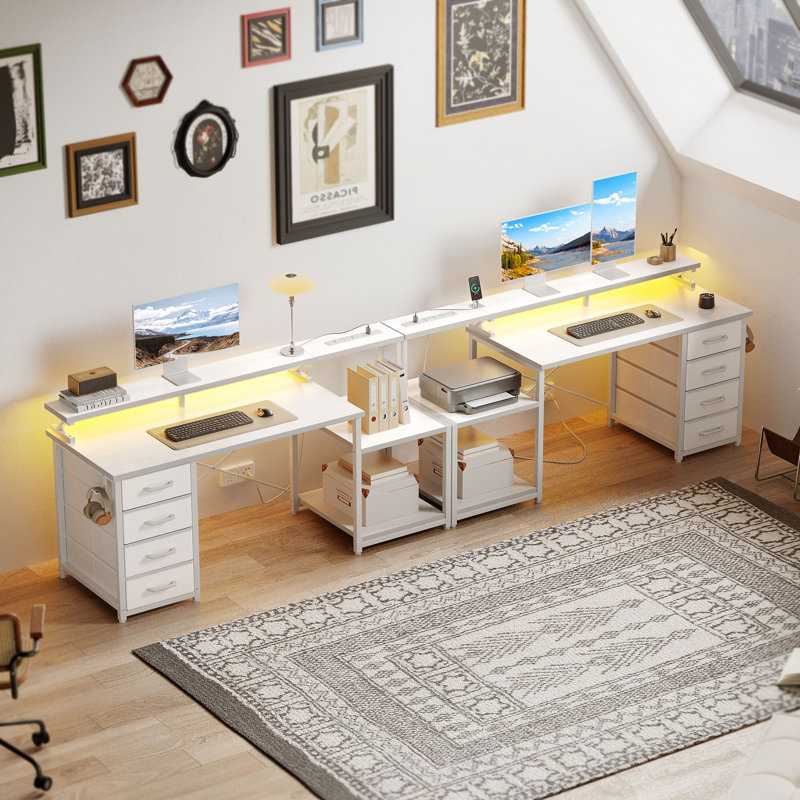 Writing Desk With Led & Power Outlet, Computer Desk With 4-tier Fabric Drawers, Reversible Corner Desks With Large Monitor Stand