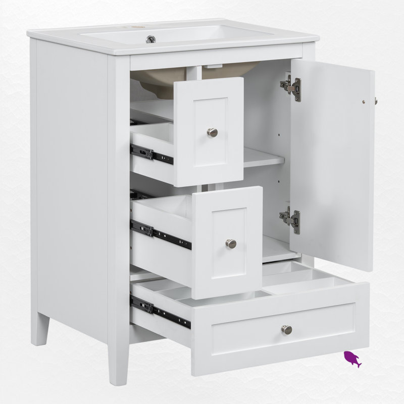24" Single Bathroom Vanity Set With Ceramic Top, Silver, White