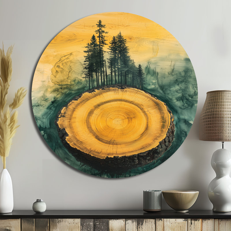 Emerald River Into The Pine Wood Forest I - Art mural traditionnel en métal jaune, H 36 po x l 36 po