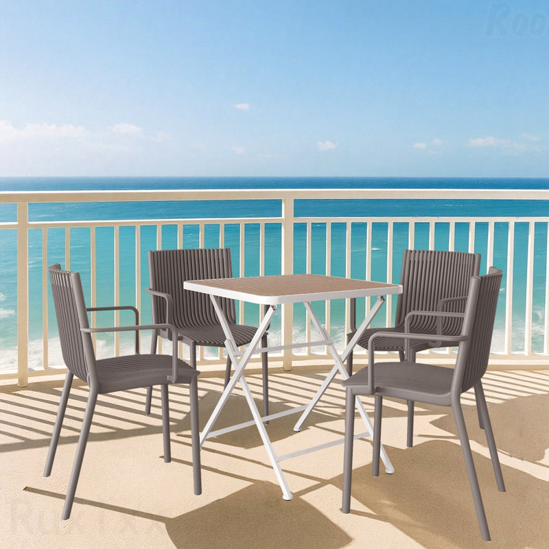 4 pièces Fauteuil empilable gris chaud en PP pour une utilisation intérieure / extérieure - Dossier à lattes ergonomique avec table pliante multifonctionnelle intérieure / extérieure moderne - Plateau de table en PP avec pieds en métal