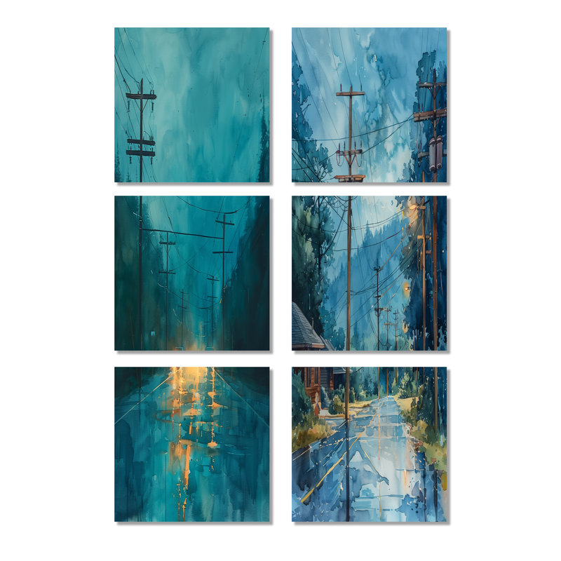 Bleu et jaune, énergie, lignes électriques - Ensemble de 6 lignes murales, Toile tendue, Ne s’applique pas