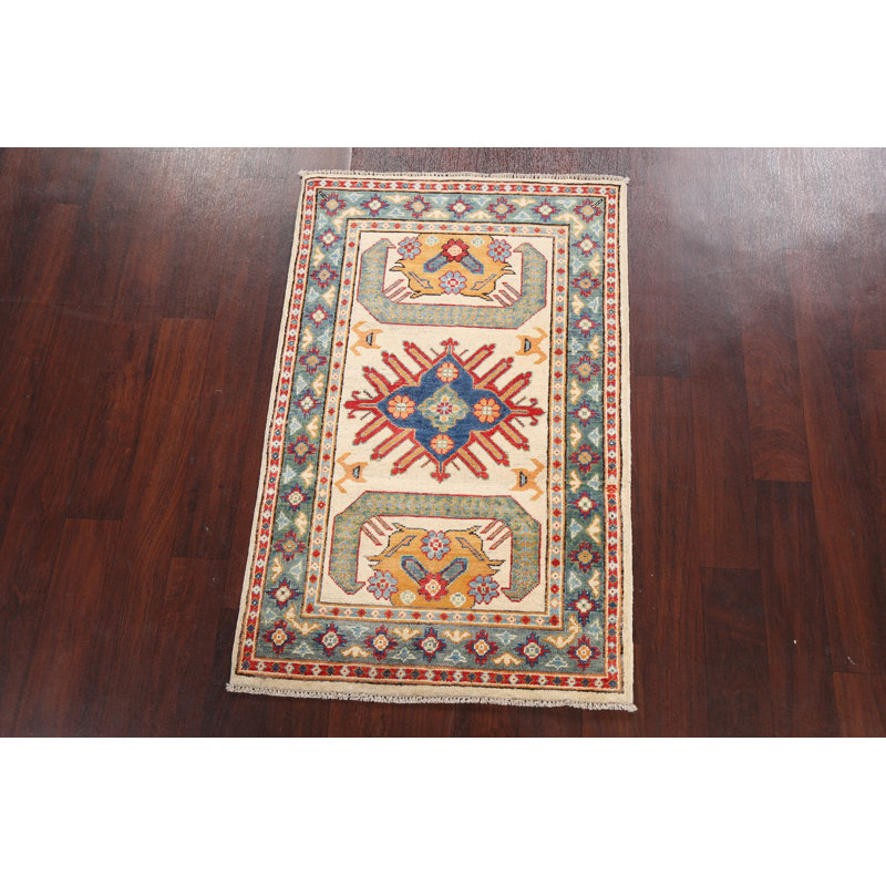 Tapis beige / ivoire en laine noué à la main de conception unique 2 pi 9 po x 4 pi 3 po New Age