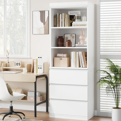 Bibliothèque de 70 pouces avec tiroirs, bibliothèque de grande taille, étagère de rangement en bois, étagère de rangement en bois pour salon, bureau, cuisine, bureau à domicile, blanc