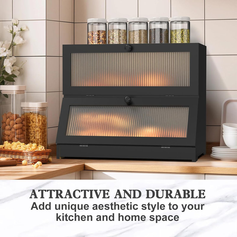 Large Black Bamboo Double Layer Bread Box with Frosted Glass