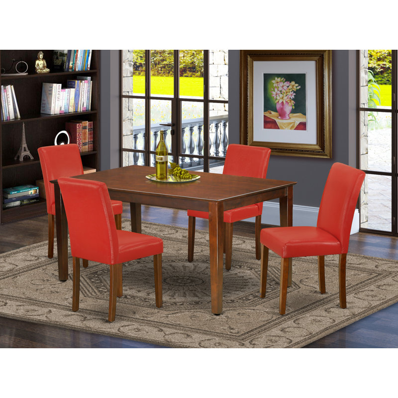 Ensemble de salle à manger 5 pièces comprenant une table de salle à manger rectangulaire et 4 chaises rembourrées en similicuir rouge Firebrick, 36 x 60 pouces, acajou