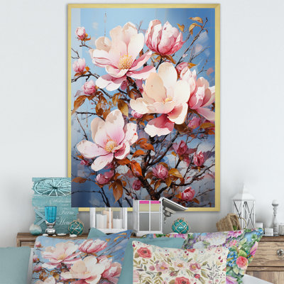 Sérénade de magnolias bleus et roses sur toile