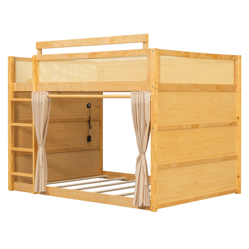 Lit superposé double avec tablette de rangement à 3 niveaux, décoration en rotin, rideaux d'intimité et éclairage, cadre en bois, naturel