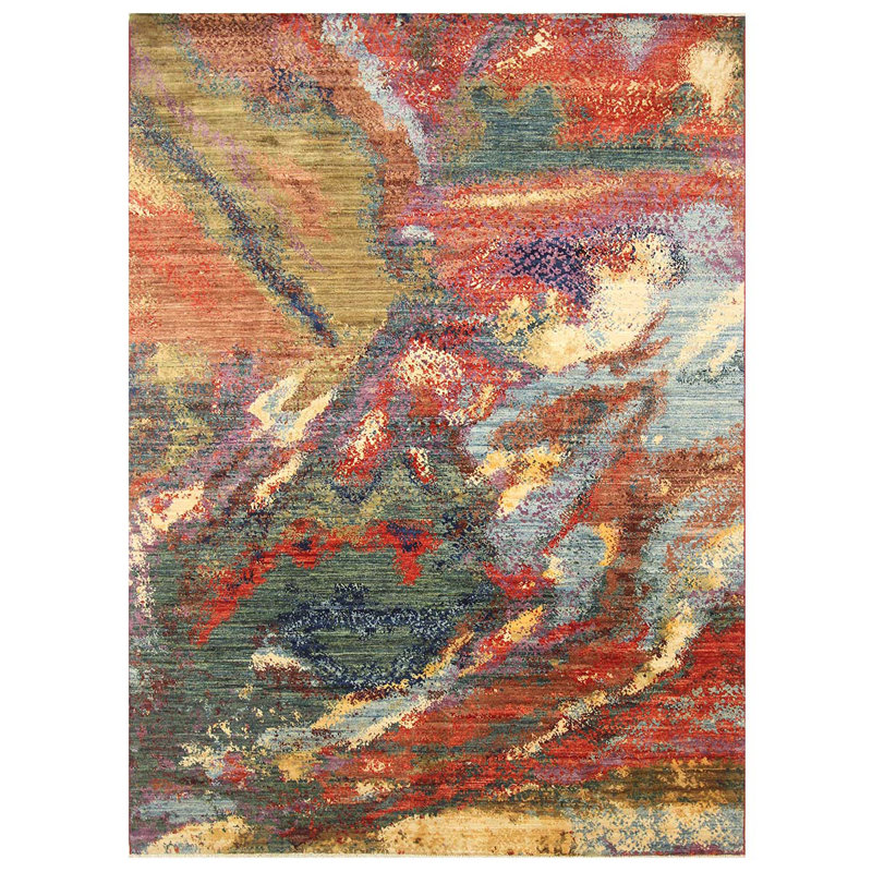 Tapis vert / orange / brun noué à la main de haute qualité