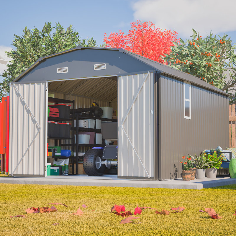 Remise de rangement extérieure en métal 10 pi x 12 pi, remise à outils robuste en acier résistant à la rouille avec cadre de plancher