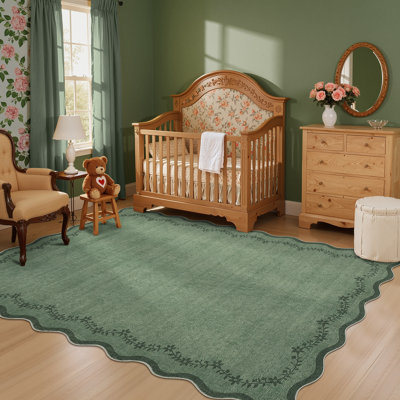 Floral Scalloped Non Slip Washable Area Rug for Living Room Bedroom, Low Pile  Thin Solid Home Decor Carpet