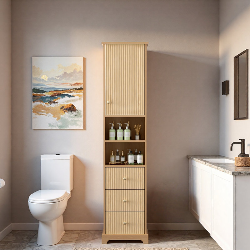 Tall Freestanding Bathroom Cabinet With Adjustable Shelf, 3 Drawers, Open Storage And Gold Metal Handles