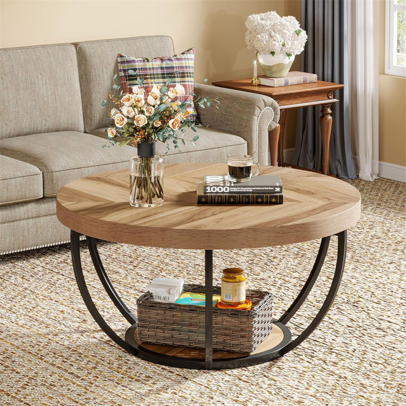 Table basse ronde, table d'appoint en bois à 2 niveaux avec tablette de rangement ouverte, Bois naturel