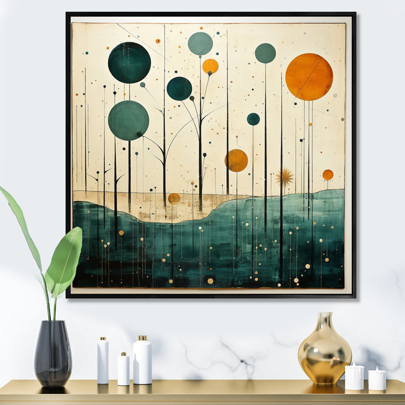 Sarcelle orange Mid Century Minimalist Oasis II - imprimé, H 16 po x l 16 po x P 1 po, Cadre flottant noir