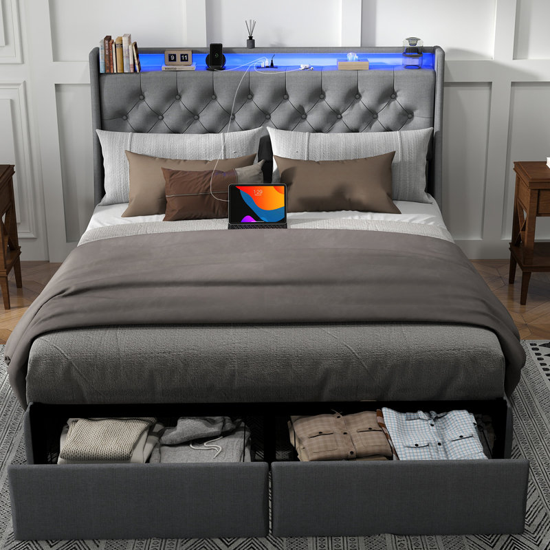 Upholstered LED Bed Frame With Storage Headboard Charging Station 2 Drawers Gray, Full