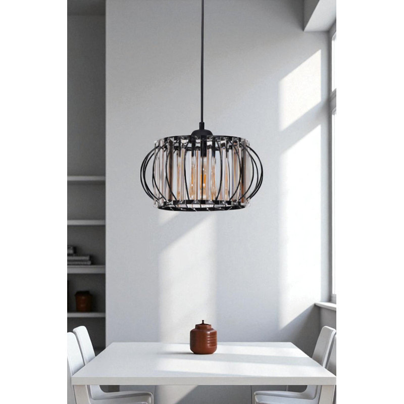Elegant Black Metal Chandelier, Adjustable Height, Ø7.9 inches | 1 x E27 Socket, Max 40W | Stylish Glass Cap,  for Dining Room & Living Space | IP20 Rated, Modern Design, Bulb Not Included