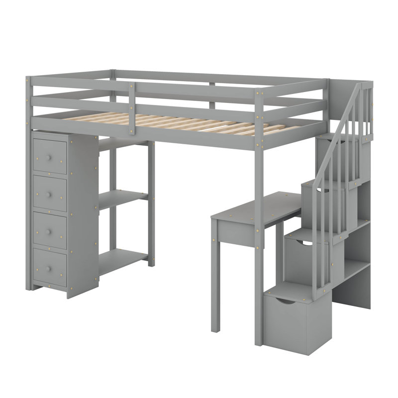 Lit mezzanine simple avec tiroirs de rangement, bureau et escalier, Gris