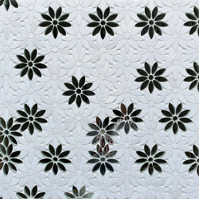 Interlocking Floral With Thassos & Antique Mirror 9-In X 11-In Waterjet Mosaic Floor And Wall Tile(0.7-Sq. Ft/ Piece)