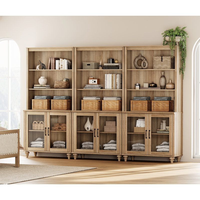 Scarlett 72.1"H X 101.6"W Bookcase With Doors Set Of 3, 5 Tier Bookshelf, Tall Book Case Shelf With Glass Storage Cabinets, Large Wood Bookcases Farmhouse Bookshelves For Living Room Bedroom Home Office Kitchen