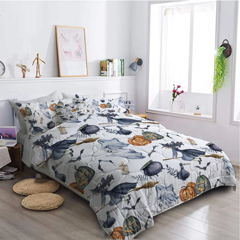 Ensemble d'édredon 8 pièces pour grand lit Halloween, ensemble de literie dans un sac à motif de sorcière avec 1 édredon, 2 taies d'oreiller, 1 drap plat, 1 drap-housse, 2 taies d'oreiller, 1 housse de coussin - toutes saisons