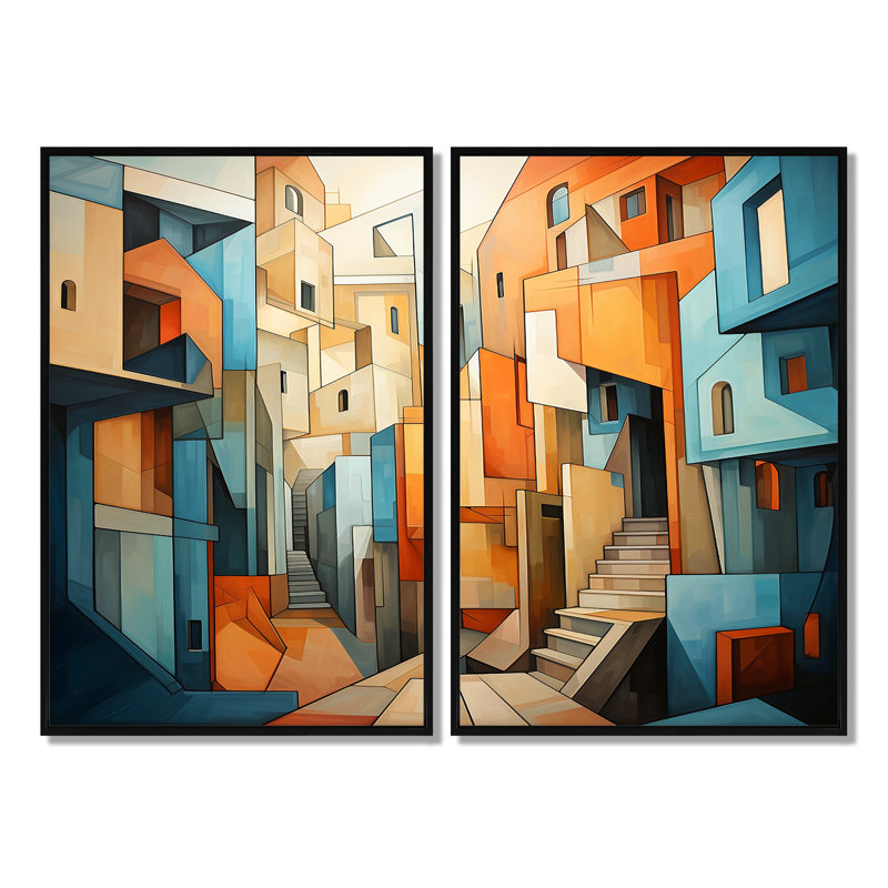 «Cubism Art Multidimensional V», sarcelle, art moderne sur toile, ensemble de 2, H 36 po x l 48 po, Noir